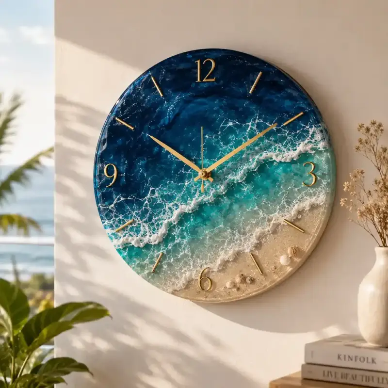 A resin ocean wave wall clock in blue, teal and gold